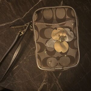 Coach Brown and Gold Floral Wristlet